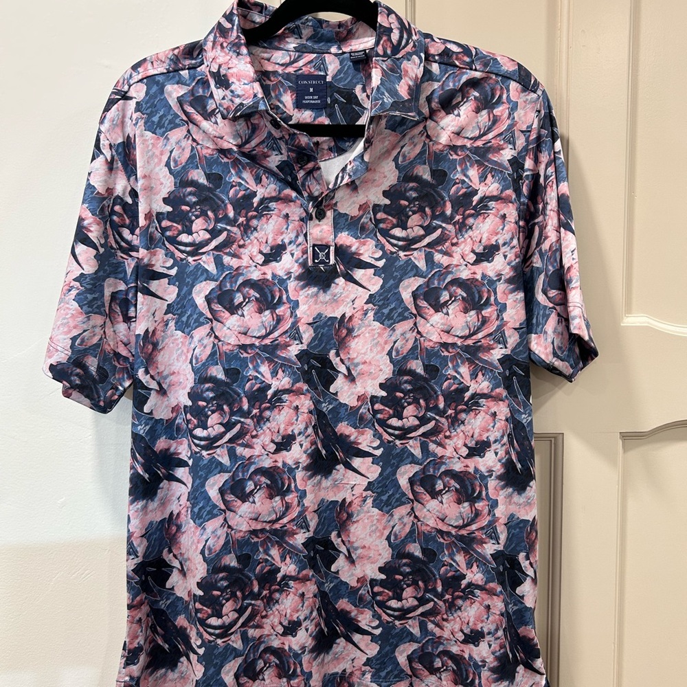 Modern Pink & Blue Golf Polo Shirt with Floral Design - Quick Dry Performance